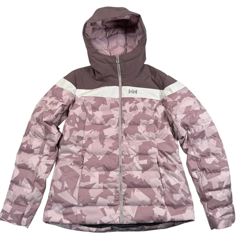 Helly Hansen Imperial Puffy Jacket Womens XL Camo Hoodie RECCO Ski Purple‎